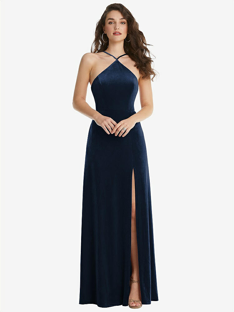 【STYLE: LB034】High Neck Halter Open-Back Velvet Dress - Alix【COLOR: Midnight Navy】