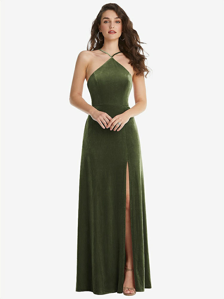 【STYLE: LB034】High Neck Halter Open-Back Velvet Dress - Alix【COLOR: Olive Green】