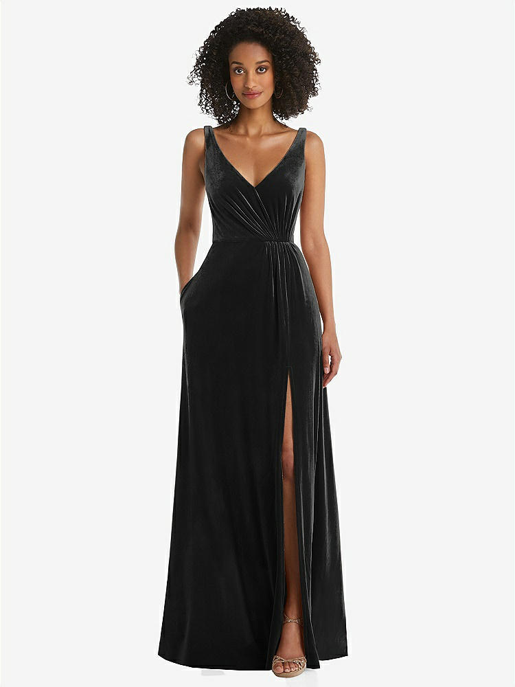 【STYLE: TH085】Velvet Maxi Dress with Shirred Bodice and Front Slit【COLOR: Black】