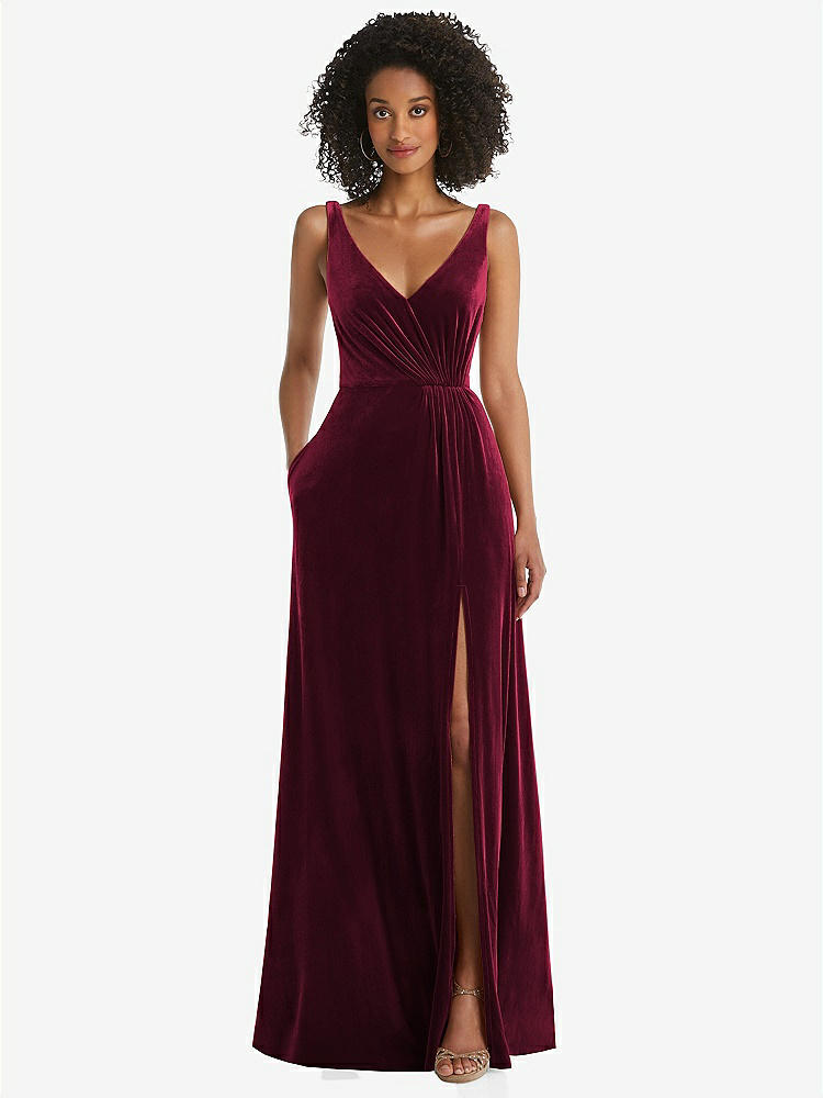 【STYLE: TH085】Velvet Maxi Dress with Shirred Bodice and Front Slit【COLOR: Cabernet】