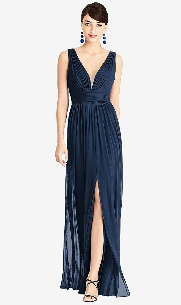 【STYLE: TH105】Illusion Plunge Neck Shirred Maxi Dress【COLOR: Midnight Navy & Light Nude】