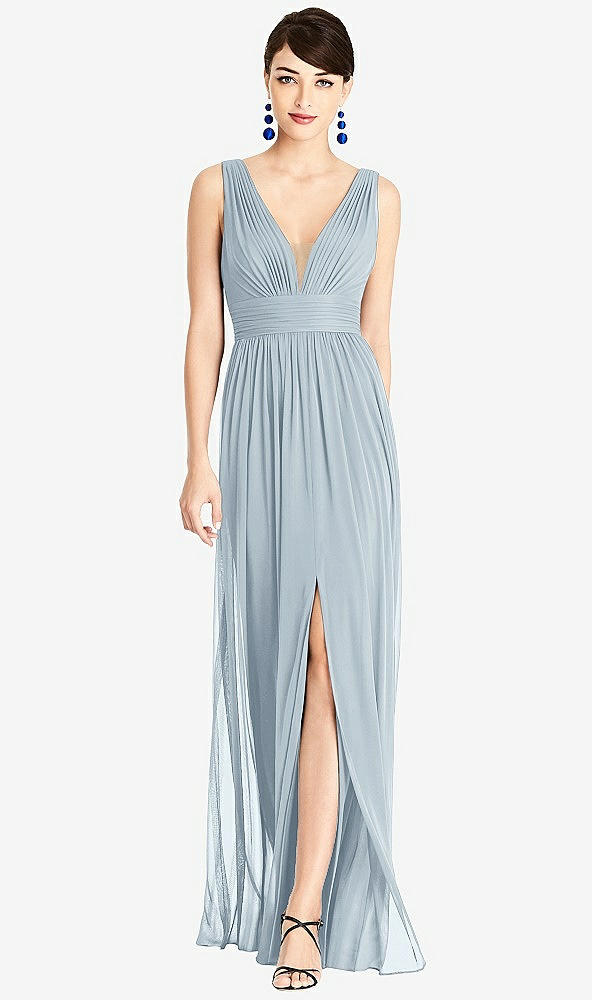 【STYLE: TH105】Illusion Plunge Neck Shirred Maxi Dress【COLOR: Mist & Light Nude】