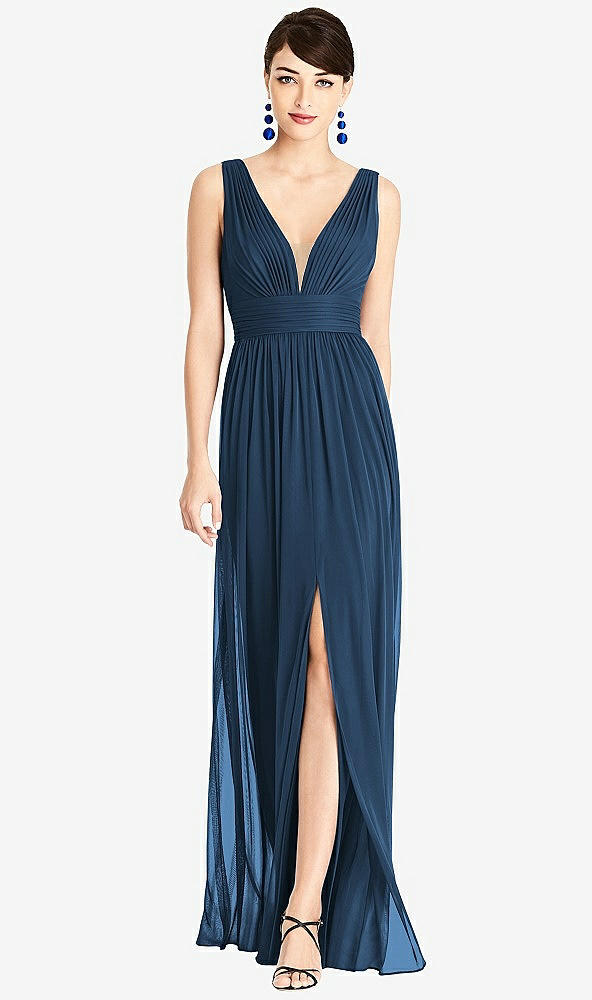 【STYLE: TH105】Illusion Plunge Neck Shirred Maxi Dress【COLOR: Sofia Blue & Light Nude】