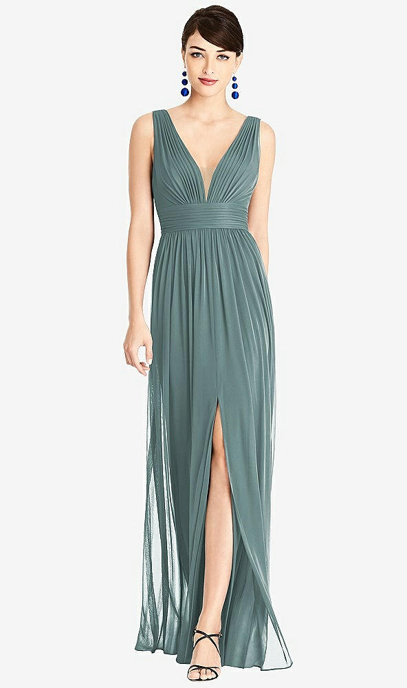【STYLE: TH105】Illusion Plunge Neck Shirred Maxi Dress【COLOR: Smoke Blue & Light Nude】