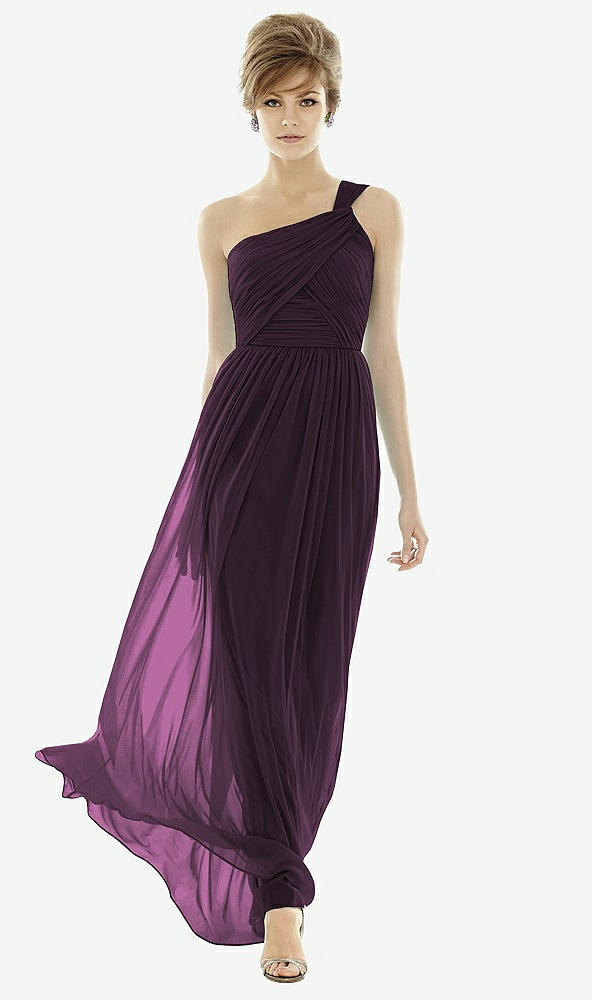 【STYLE: TH106】One-Shoulder Asymmetrical Draped Wrap Maxi Dress【COLOR: Aubergine】