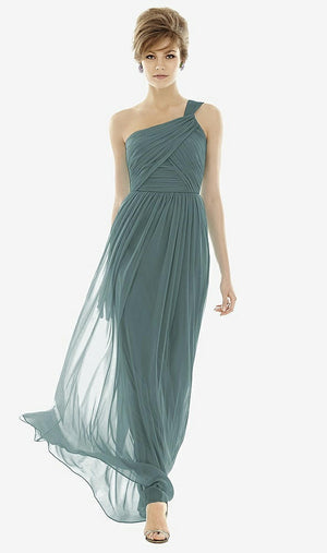 【STYLE: TH106】One-Shoulder Asymmetrical Draped Wrap Maxi Dress【COLOR: Smoke Blue】