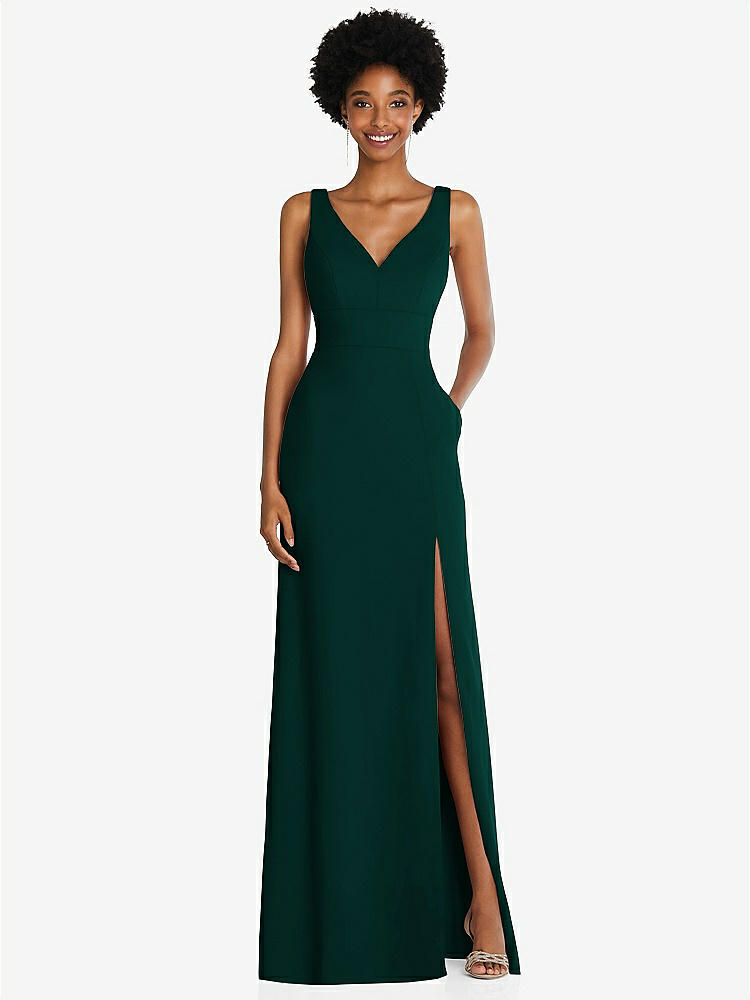 【STYLE: 6857】Square Low-Back A-Line Dress with Front Slit and Pockets【COLOR: Evergreen】