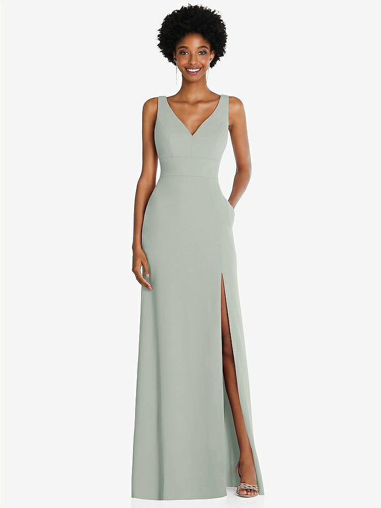 【STYLE: 6857】Square Low-Back A-Line Dress with Front Slit and Pockets【COLOR: Willow Green】