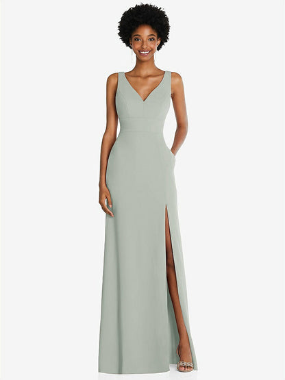 【STYLE: 6857】Square Low-Back A-Line Dress with Front Slit and Pockets【COLOR: Willow Green】