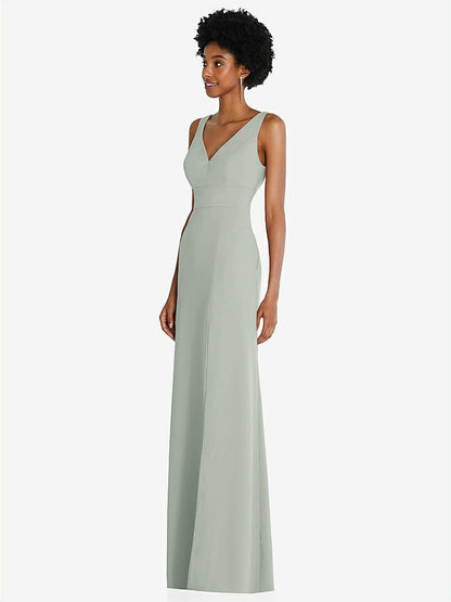 【STYLE: 6857】Square Low-Back A-Line Dress with Front Slit and Pockets【COLOR: Willow Green】