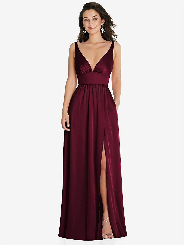 【STYLE: TH093】Deep V-Neck Shirred Skirt Maxi Dress with Convertible Straps【COLOR: Cabernet】