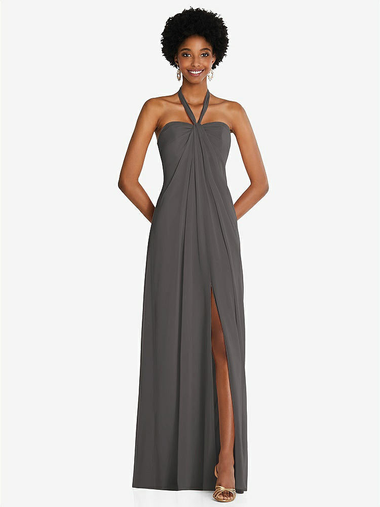 【STYLE: 3109】Draped Chiffon Grecian Column Gown with Convertible Straps【COLOR: Caviar Gray】