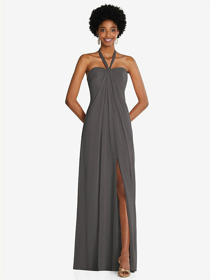 【STYLE: 3109】Draped Chiffon Grecian Column Gown with Convertible Straps【COLOR: Caviar Gray】