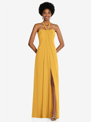 【STYLE: 3109】Draped Chiffon Grecian Column Gown with Convertible Straps【COLOR: NYC Yellow】