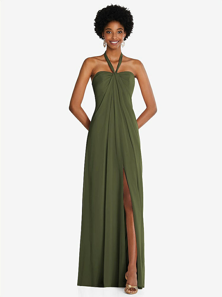 【STYLE: 3109】Draped Chiffon Grecian Column Gown with Convertible Straps【COLOR: Olive Green】
