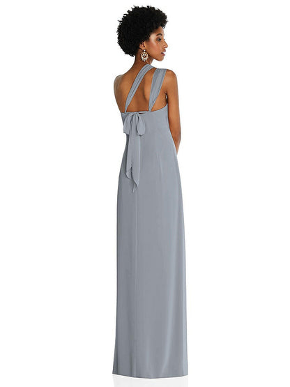 【STYLE: 3109】Draped Chiffon Grecian Column Gown with Convertible Straps【COLOR: Platinum】