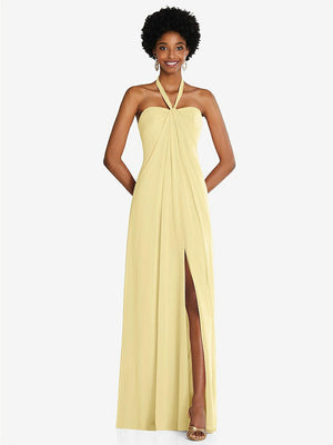 【STYLE: 3109】Draped Chiffon Grecian Column Gown with Convertible Straps【COLOR: Pale Yellow】