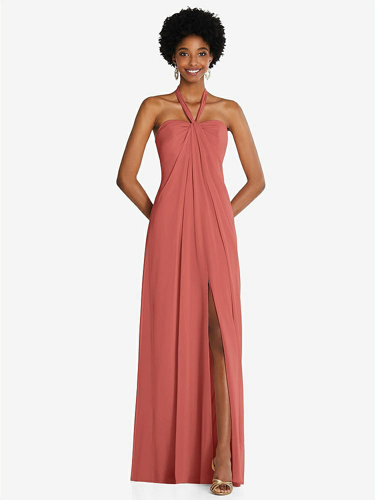 【STYLE: 3109】Draped Chiffon Grecian Column Gown with Convertible Straps【COLOR: Coral Pink】