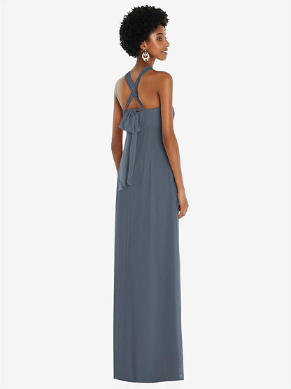 【STYLE: 3109】Draped Chiffon Grecian Column Gown with Convertible Straps【COLOR: Silverstone】