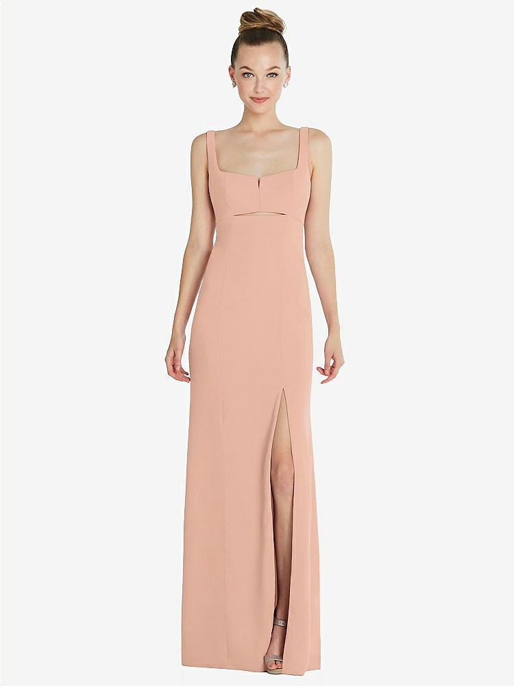 【STYLE: 6852】Wide Strap Slash Cutout Empire Dress with Front Slit【COLOR: Pale Peach】