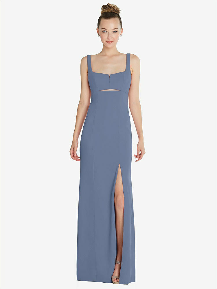 【STYLE: 6852】Wide Strap Slash Cutout Empire Dress with Front Slit【COLOR: Larkspur Blue】