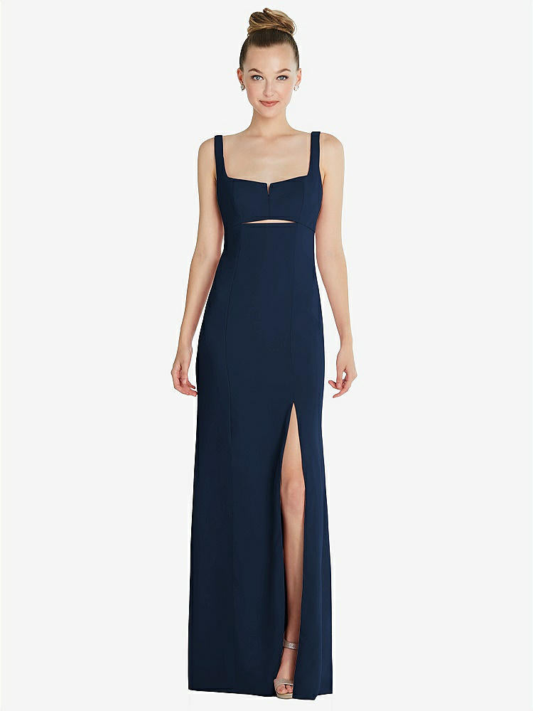 【NEW】【STYLE: 6852】ワイド ストラップ スラッシュ カットアウト 帝国 ドレス 前面 スリット【COLOR: Midnight Navy】【SIZE: 00-30W】