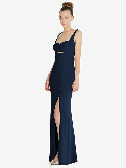 【NEW】【STYLE: 6852】ワイド ストラップ スラッシュ カットアウト 帝国 ドレス 前面 スリット【COLOR: Midnight Navy】【SIZE: 00-30W】