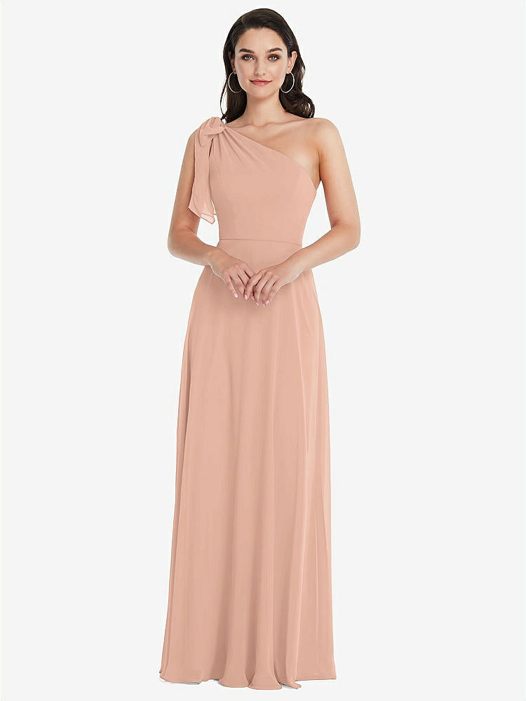 【STYLE: 1561】Draped One-Shoulder Maxi Dress with Scarf Bow【COLOR: Pale Peach】