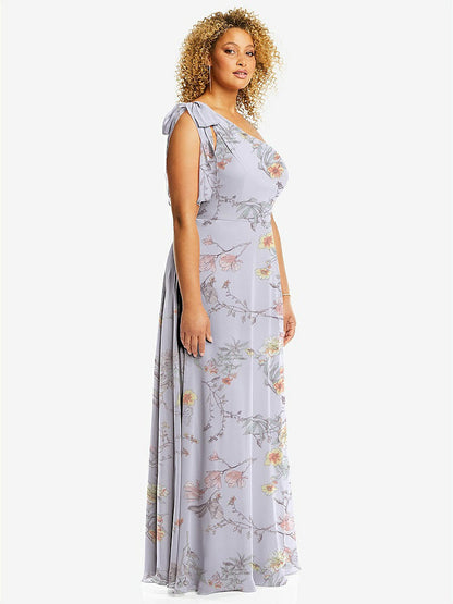 【STYLE: 1561】Draped One-Shoulder Maxi Dress with Scarf Bow【COLOR: Butterfly Botanica Silver Dove】
