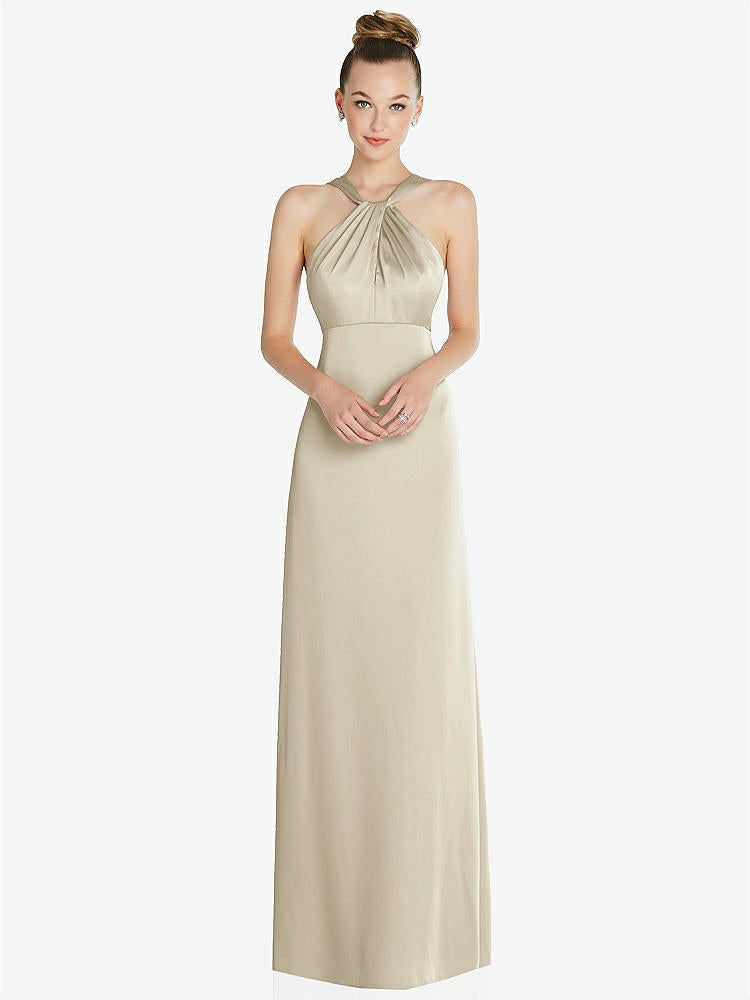 【STYLE: 6855】Draped Twist Halter Low-Back Satin Empire Dress【COLOR: Champagne】
