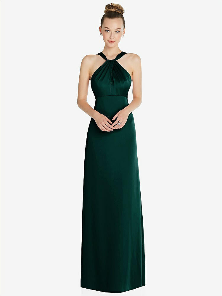 【STYLE: 6855】Draped Twist Halter Low-Back Satin Empire Dress【COLOR: Evergreen】