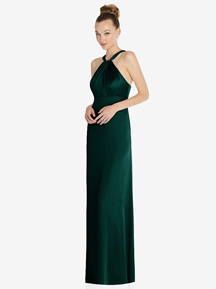 【STYLE: 6855】Draped Twist Halter Low-Back Satin Empire Dress【COLOR: Evergreen】