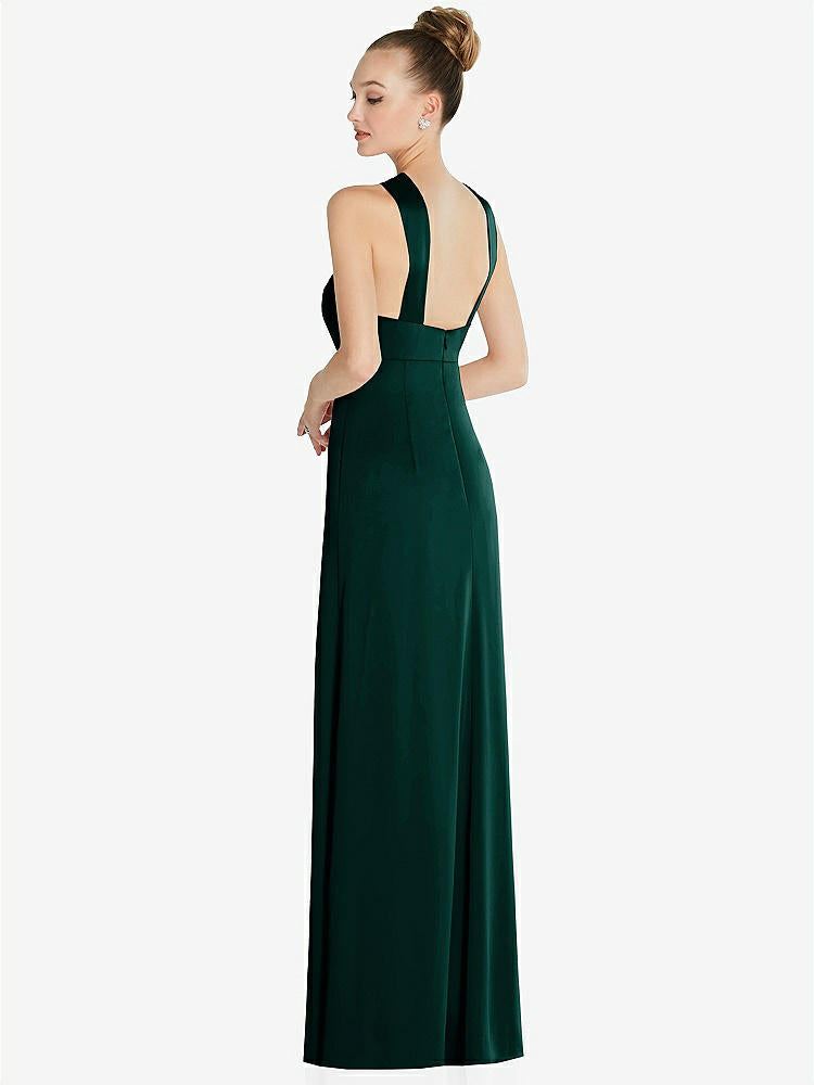 【STYLE: 6855】Draped Twist Halter Low-Back Satin Empire Dress【COLOR: Evergreen】