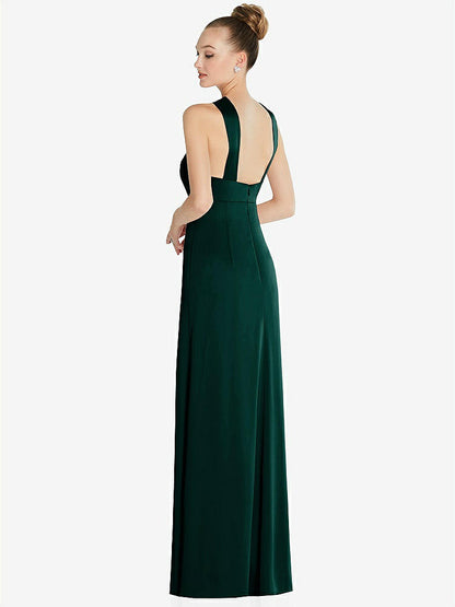 【STYLE: 6855】Draped Twist Halter Low-Back Satin Empire Dress【COLOR: Evergreen】