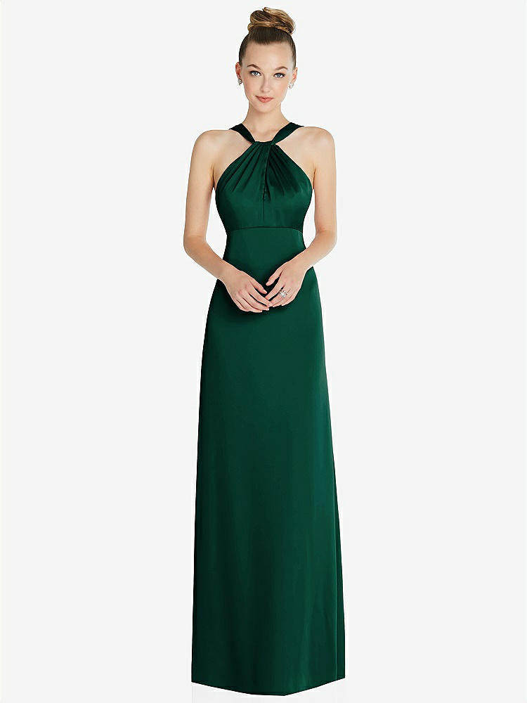 【STYLE: 6855】Draped Twist Halter Low-Back Satin Empire Dress【COLOR: Hunter Green】