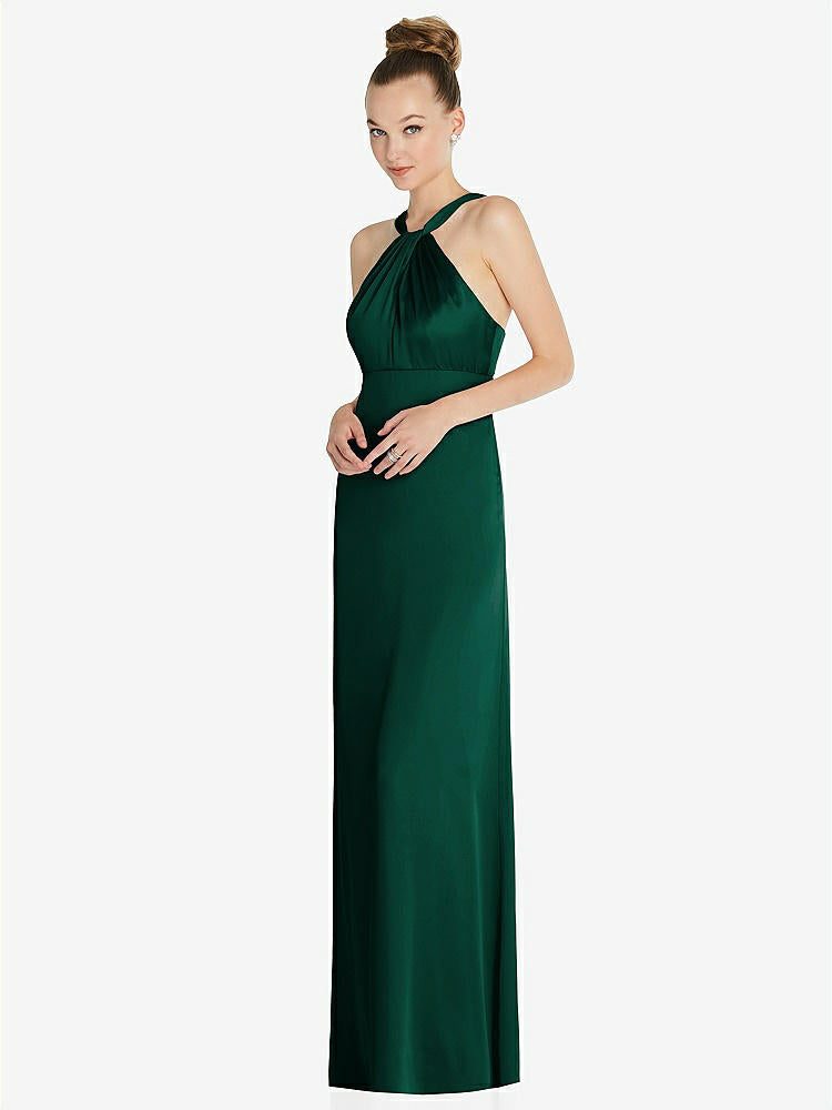 【STYLE: 6855】Draped Twist Halter Low-Back Satin Empire Dress【COLOR: Hunter Green】