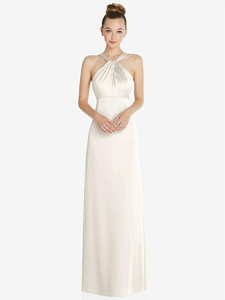 【STYLE: 6855】Draped Twist Halter Low-Back Satin Empire Dress【COLOR: Ivory】