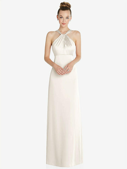 【STYLE: 6855】Draped Twist Halter Low-Back Satin Empire Dress【COLOR: Ivory】