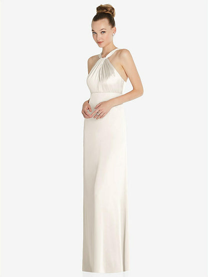 【STYLE: 6855】Draped Twist Halter Low-Back Satin Empire Dress【COLOR: Ivory】