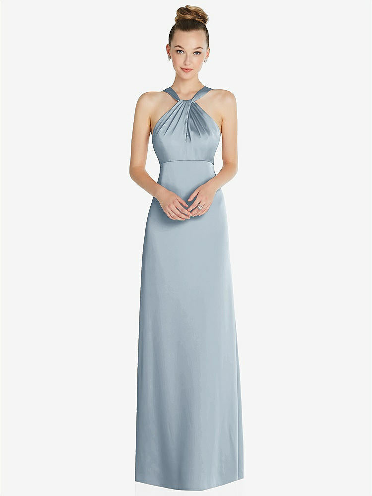 【STYLE: 6855】Draped Twist Halter Low-Back Satin Empire Dress【COLOR: Mist】