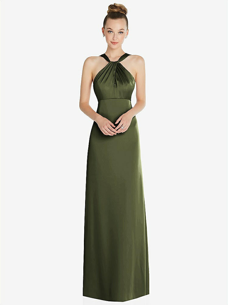 【STYLE: 6855】Draped Twist Halter Low-Back Satin Empire Dress【COLOR: Olive Green】