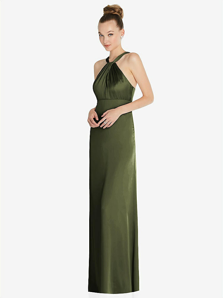 【STYLE: 6855】Draped Twist Halter Low-Back Satin Empire Dress【COLOR: Olive Green】