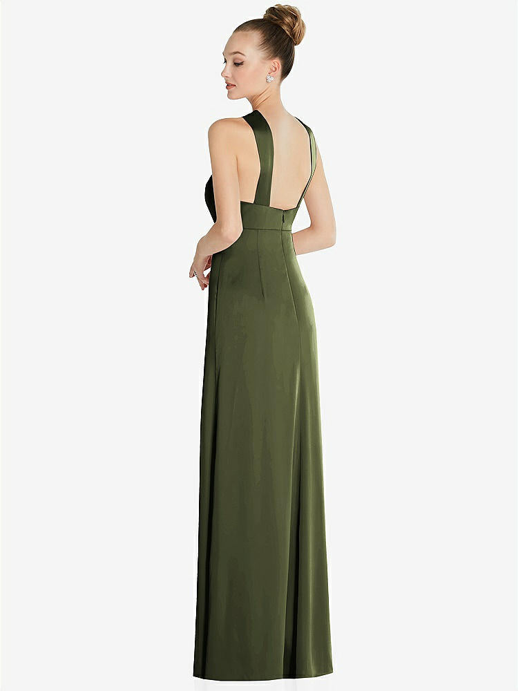 【STYLE: 6855】Draped Twist Halter Low-Back Satin Empire Dress【COLOR: Olive Green】