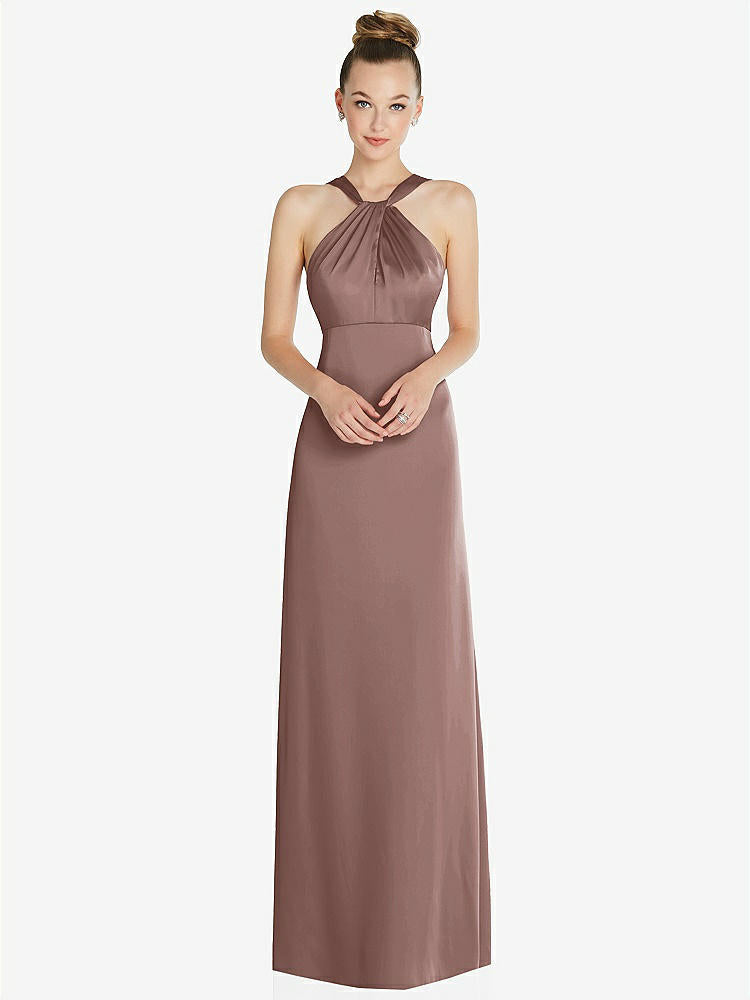 【STYLE: 6855】Draped Twist Halter Low-Back Satin Empire Dress【COLOR: Sienna】