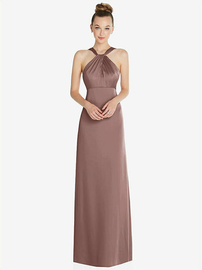 【STYLE: 6855】Draped Twist Halter Low-Back Satin Empire Dress【COLOR: Sienna】