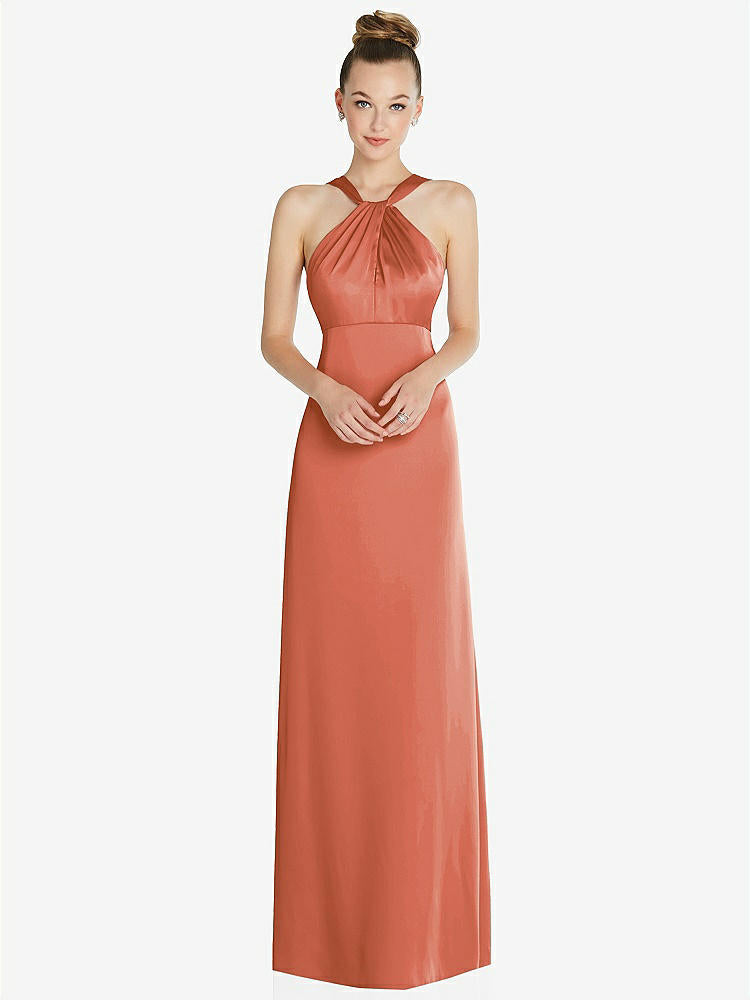 【STYLE: 6855】Draped Twist Halter Low-Back Satin Empire Dress【COLOR: Terracotta Copper】