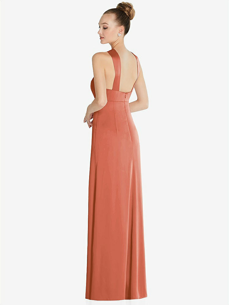 【STYLE: 6855】Draped Twist Halter Low-Back Satin Empire Dress【COLOR: Terracotta Copper】