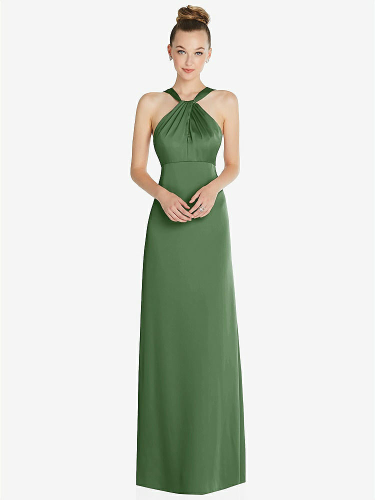 【STYLE: 6855】Draped Twist Halter Low-Back Satin Empire Dress【COLOR: Vineyard Green】