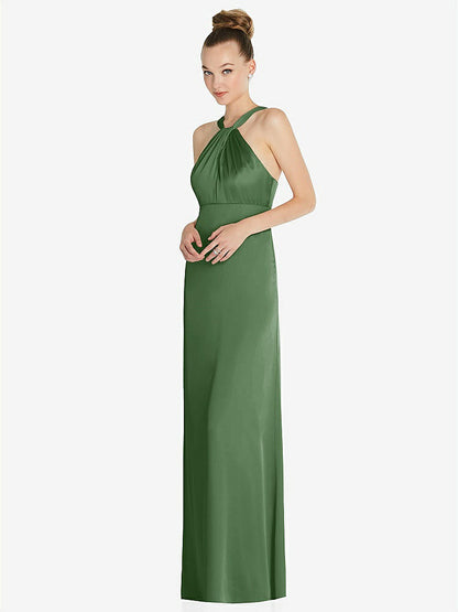 【STYLE: 6855】Draped Twist Halter Low-Back Satin Empire Dress【COLOR: Vineyard Green】