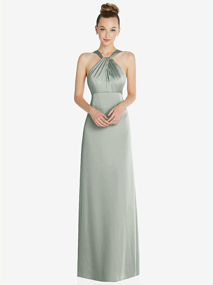 【STYLE: 6855】Draped Twist Halter Low-Back Satin Empire Dress【COLOR: Willow Green】